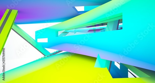 Abstract white and colored gradient  interior multilevel public space with window. 3D illustration and rendering.