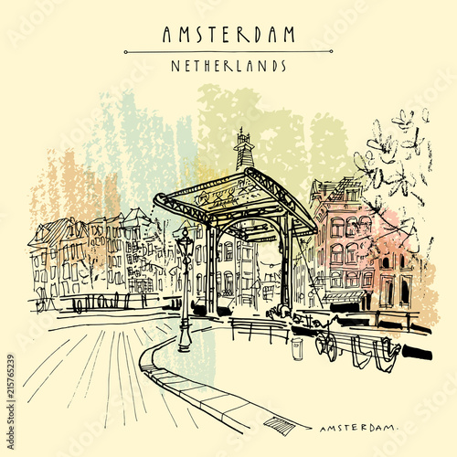 Photography Amsterdam, Holland, Netherlands - vintage hand drawn postcard