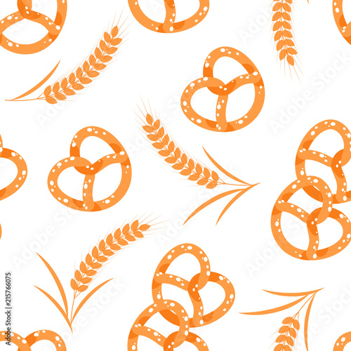 Seamless texture of pretzels and barley on a white background. 