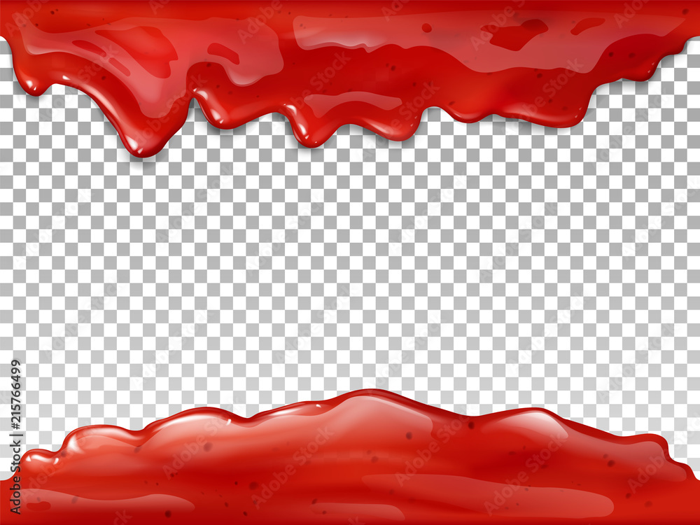 Jam flow seamless vector illustration of realistic 3D syrup splash and drops of red berry or fruit marmalade. Liquid drips on transparent background for candy or sweet dessert package design template Jam flow seamless vector illustration of realistic 3D syrup splash and drops of red berry or fruit marmalade. Liquid drips on transparent background for candy or sweet dessert package design template