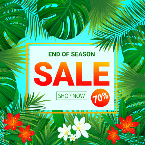 Sale banner. seasonal promotion poster. Summer Tropic sellout design.Floral background with exotic tropical flowers, leaves, plants. End of a season discount vector design for shop, business with text
