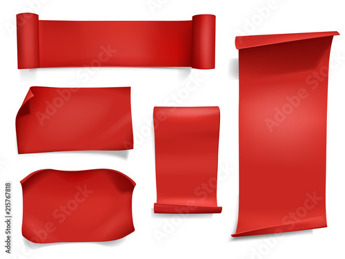 Red ribbons and banners vector illustration. 3D realistic curved paper, satin textile or silk scrolls with curved and flipped corners for opening or sale advertisement and greeting cards template