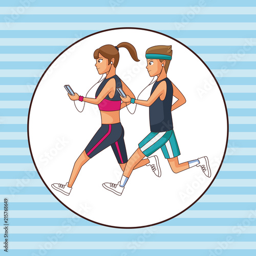 Fitness couple running and listen music with smartphones vector illustration graphic design