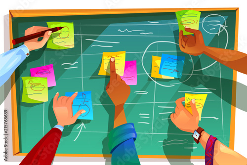 Kanban board vector illustration for agile scrum management and teamwork process methodology. Team people hands sticking work business plan schedule and memo notes on chalkboard