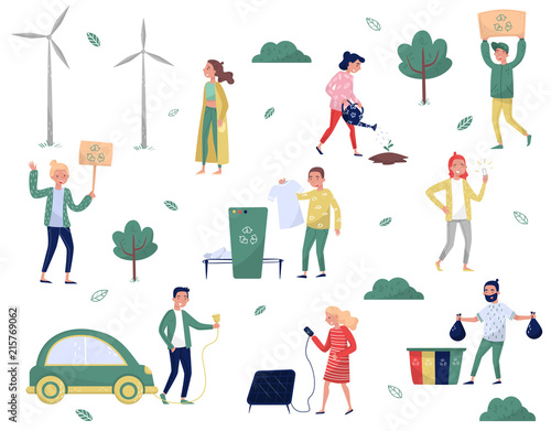 Eco friendly people set, man and woman protecting the environment, sorting and collecting waste, using alternative energy and ecological transport vector Illustrations on a white background