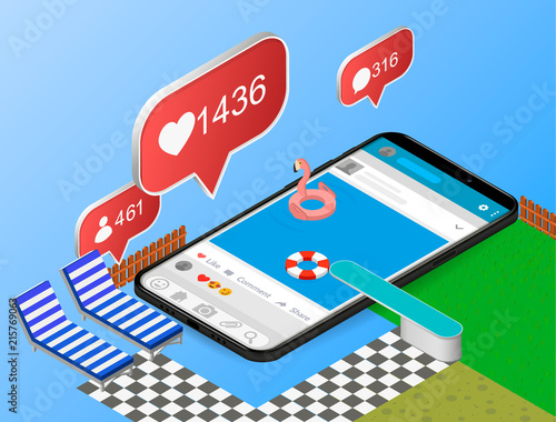 Mobile internet surfing dive into the www web concept. Flat 3d isometric isometry web vector illustration. Man springboard trampoline into smartphone screen water pool. Creative people collection.