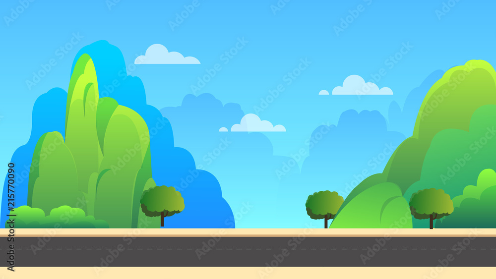 Fototapeta premium Nature landscape with mountains and sky background vector illustration.Spring landscape background.Beautiful landscape with street.