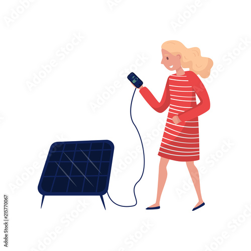 Young woman using solar panel, eco friendly people concept, protection and preservation of the environment vector Illustration on a white background