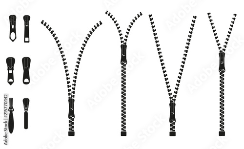 Vector illustration. Zippered lock and unlock. Zipper buttoned. Closed and open zipper. Set.