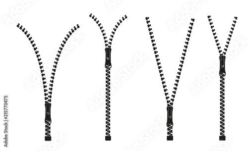 Vector illustration. Zippered lock and unlock. Zipper buttoned. Closed and open zipper. Set.
