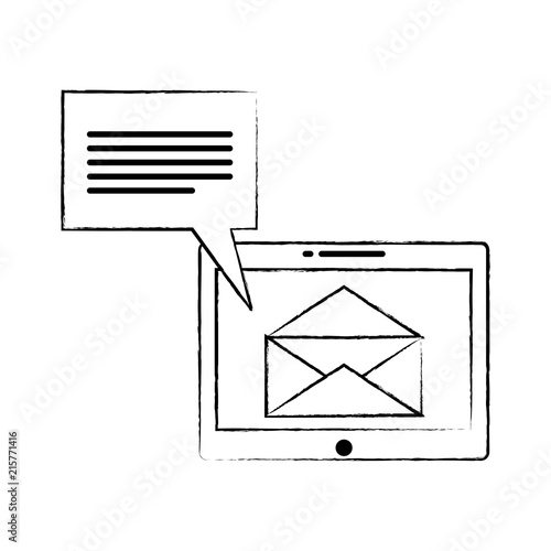 tablet with envelope and speech bubble over white background, vector illustration