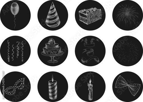 Black icons with white festive symbols sketches.