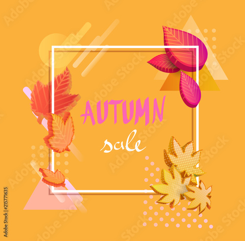 Orange autumn sale background with colorful 3d leaves.