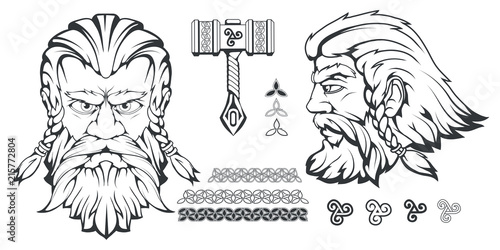 Scandinavian god of thunder and storm. Hand drawing of Thor's Head. The hammer of Thor - mjolnir. Son of Odin. Cartoon bearded man character. Norse mythology. Vector graphics to design