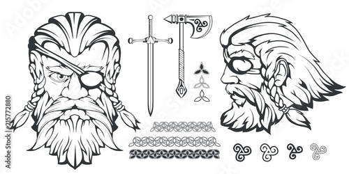Scandinavian supreme god of Norse mythology - Odin. Hand drawing of Odin Head. Cartoon bearded man character. God Odin, Wotan tattoo. Traditional norse ornament. Vector graphics to design