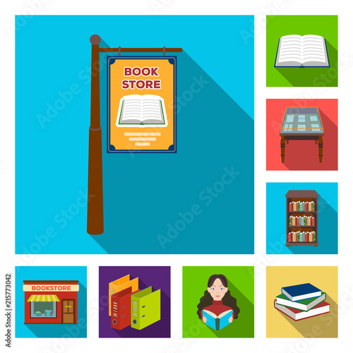 Library and bookstore flat icons in set collection for design. Books and furnishings vector symbol stock web illustration.