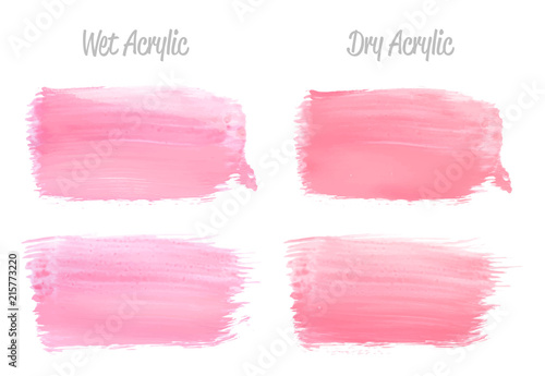 Vector pink paint smear stroke stain set. Abstract pink glittering textured art illustration. Acrylic Texture Paint Stain Illustration. Hand drawn brush strokes vector elements. Acrilyc strokes.