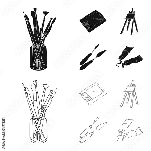 Bank with brushes, a drawing board, an easel with a canvas, paint knives.Artist and drawing set collection icons in black,outline style vector symbol stock illustration web.