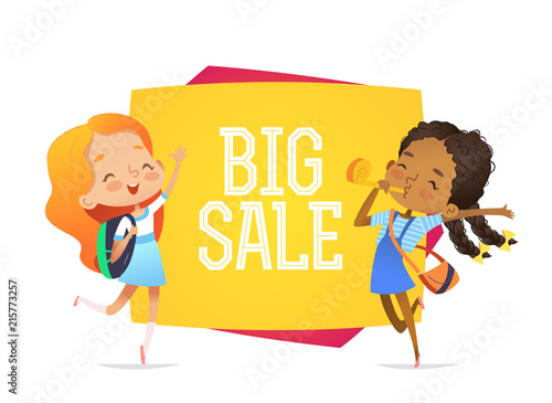 Vector backgrounds horizontal banner with cartoon girls. Spring bright summer design. two kids stay near banner big sale. Vector illustration