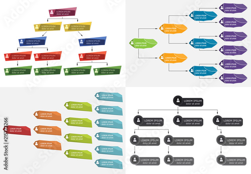 Set of four colorful business structure concept, corporate organization chart scheme with people icons. Vector illustration.
