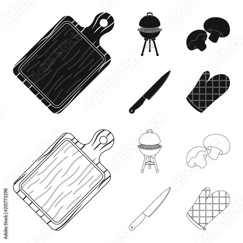 Barbeque grill, champignons, knife, barbecue mitten.BBQ set collection icons in black,outline style vector symbol stock illustration,web