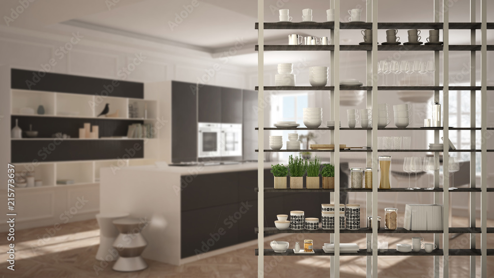 Kitchen living room shelving system foreground close-up, interior design concept, white and gray modern room open plan in the background