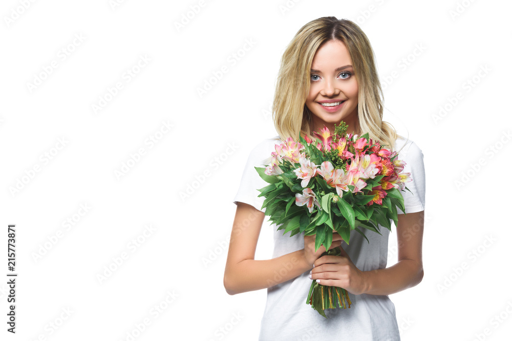 smiling attractive girl in white shirt holding bouquet of flowers isolated on white smiling attractive girl in white shirt holding bouquet of flowers isolated on white