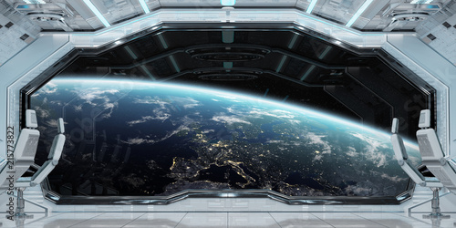 White clean spaceship interior with view on planet Earth 3D rendering © sdecoret