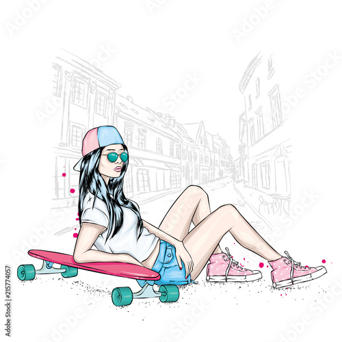 Stylish skater in jeans and sneakers. Skateboard. Vector illustration for a postcard or a poster, print for clothes. Street cultures.