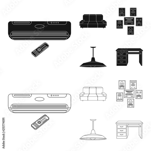 Comfortable sofa, letters and diplomas within the framework, an office ceiling lamp, a desk with drawers. Office Furniture set collection icons in black,outline style vector symbol stock illustration