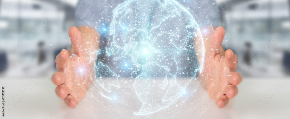Businessman using globe network hologram with America Usa map 3D rendering Businessman using globe network hologram with America Usa map 3D rendering