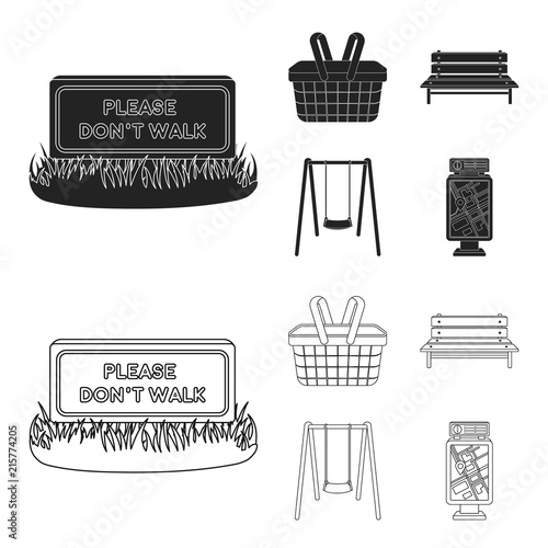 Lawn with a sign, a basket with food, a bench, a swing. Park set collection icons in black,outline style vector symbol stock illustration web.