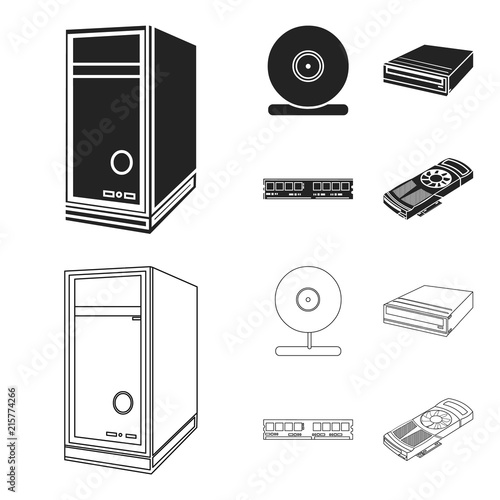System unit, memory card and other equipment. Personal computer set collection icons in black,outline style vector symbol stock illustration web.