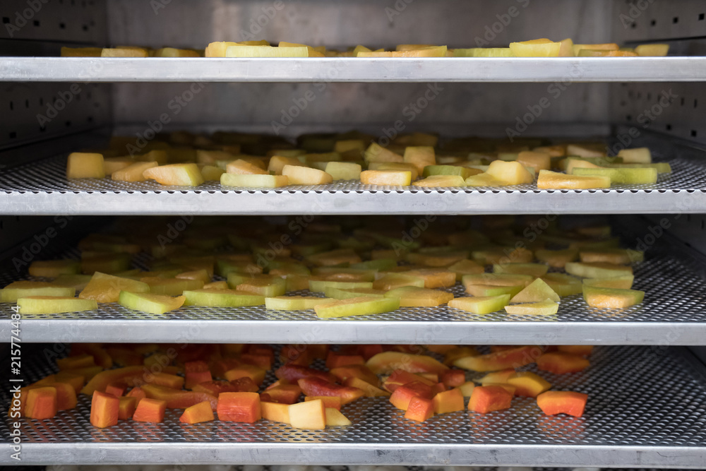 tropical fruit drying in hot oven. dried cantaloup, mango, carrot on stainless tray
