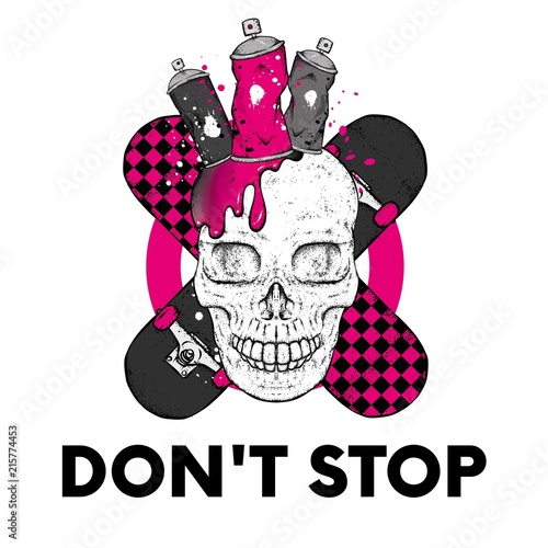Skateboards in the shape of a stop sign. Do not stop. Vector illustration for design or poster, print for clothes. Skate, sport and extreme. Skull and graffiti.