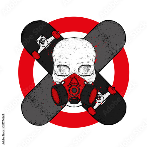 Skateboards in the shape of a stop sign. Do not stop. Vector illustration for design or poster, print for clothes. Skate, sport and extreme. Skull and graffiti.