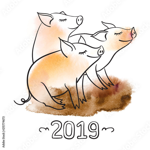 Template for greeting card. Black and white linear vector illustration. The pig is a symbol of the New Year of 2019.