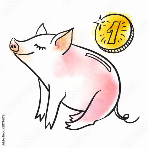 Piggy bank Template for greeting card. Black and white linear vector illustration. The pig is a symbol of the New Year of 2019.
