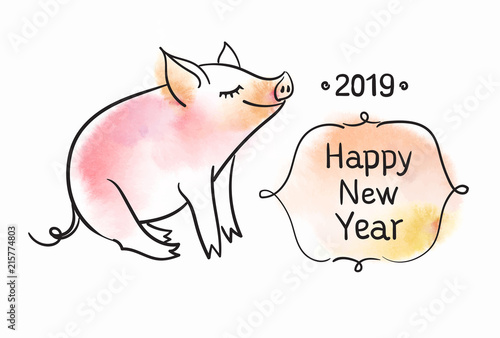 Template for greeting card. Black and white linear vector illustration. The pig is a symbol of the New Year of 2019.
