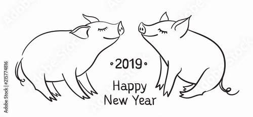 Template for greeting card. Black and white linear vector illustration. The pig is a symbol of the New Year of 2019.