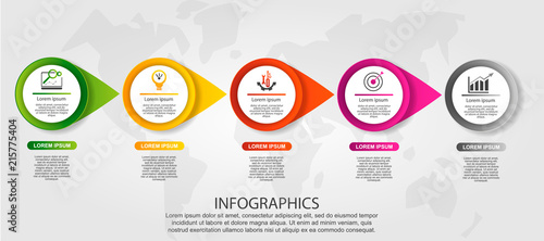 Modern vector illustration 3D. Template of circles of infographics with five elements and arrows. Designed for business, presentations, web design, diagrams with 5 steps. Concept step by step