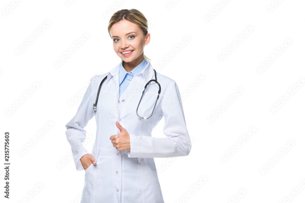 young female general practitioner in white coat with stethoscope showing thumb up, isolated on white young female general practitioner in white coat with stethoscope showing thumb up, isolated on white