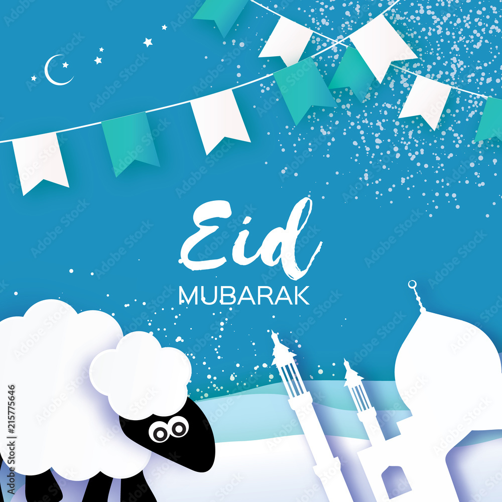 Eid-Al-Adha Greeting card design with paper cut cute Baby Sheep for Muslim Community. Origami Festival of Sacrifice. Eid Mubarak. Blue background. white ram. flags - obrazy, fototapety, plakaty 