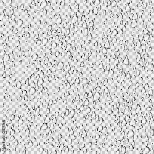 Realistic pure and transparent water drops set with shadow on gray background. Vector illustration