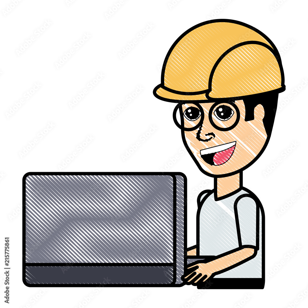 cartoon man with safety helmet and using a laptop computer over white  background, vector illustration Stock Vector | Adobe Stock