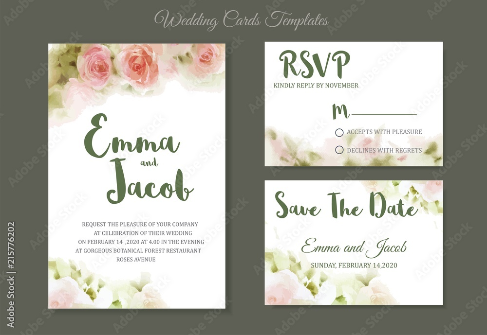 Pink roses watercolour style frame print.Vintage style Wedding Invitation pink roses watercolor hand drawn. save the date card design.vector template set.invite card design.Greeting Floral wedding 