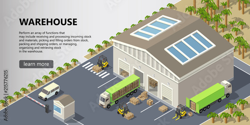 Vector isometric warehouse, delivery service illustration. Storage building with trucks ready for shipping, forklifts with cargo. Web page with button and space for text, logistics concept banner