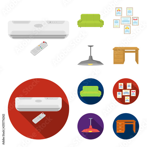 Comfortable sofa, letters and diplomas within the framework, an office ceiling lamp, a desk with drawers. Office Furniture set collection icons in cartoon,flat style vector symbol stock illustration
