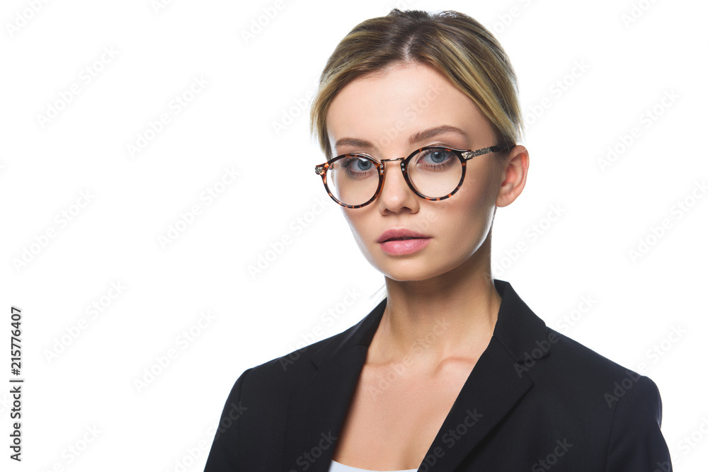close-up portrait of beautiful young businesswoman in stylish eyeglasses isolated on white