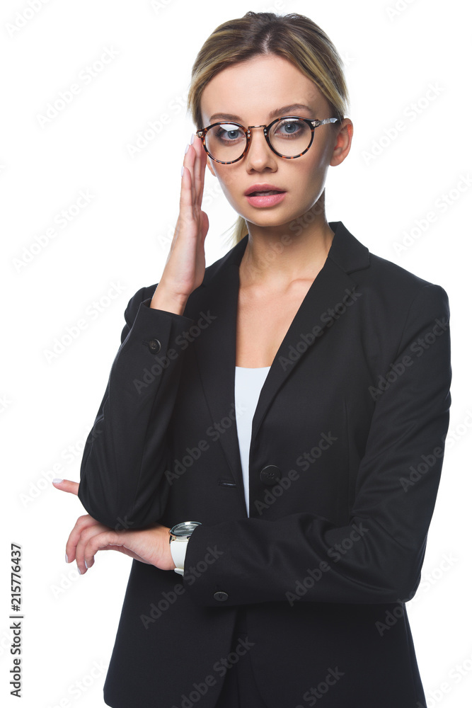 stylish young businesswoman in black jacket and eyeglasses isolated on white stylish young businesswoman in black jacket and eyeglasses isolated on white